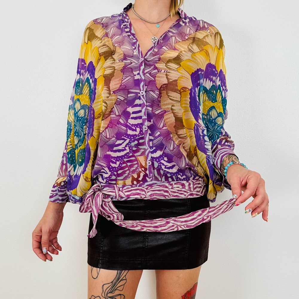 Marciano 100% silk long sleeve blouse abstract print boho top wrap tie waist